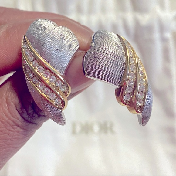 Rare Vintage Christian Dior Angel Wings Pierced Earrings in Silver/Gold With CZs - Picture 6 of 7